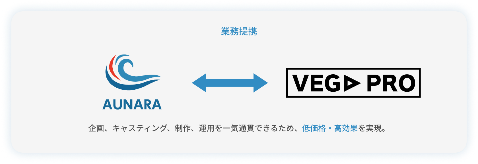 企画、キャスティング、制作、運用を一気通貫できるため、低価格・高効果を実現。